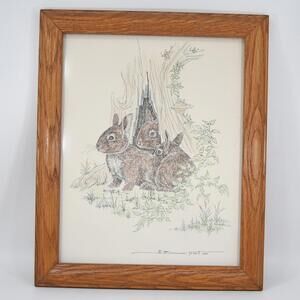 VTG 1970s Bill Neal Signed Pen and Ink Pointillism Drawing Bunny Rabbit Den 9x11